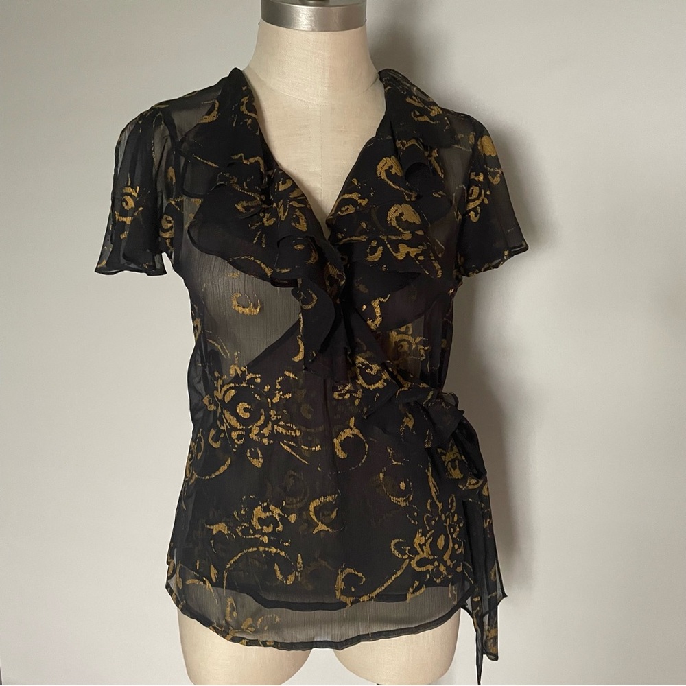 Lauren Ralph Lauren sheer black and gold  wrap blouse size 4P
